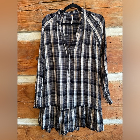 Free People | Red Moon Oversized Pleated plaid Dress with Pockets xs-med - Picture 3 of 10